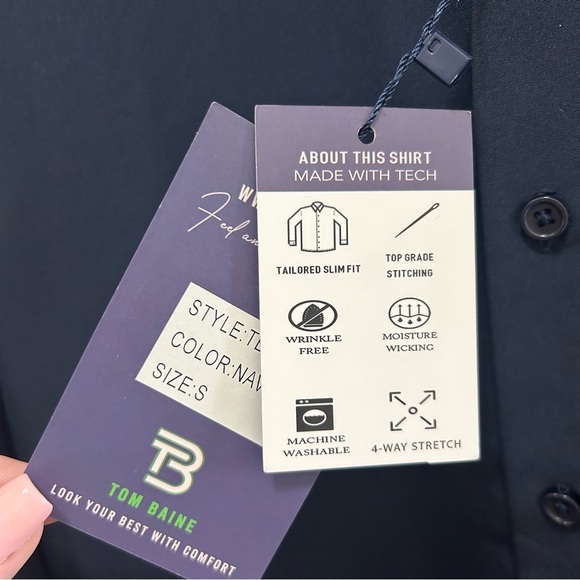 Tom Baine Navy Slim Fit 4-Way Stretch Wrinkle Free Button Down Top NWT Small - Picture 4 of 6